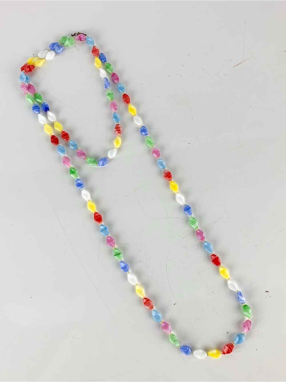 Vintage Bright Summer Color Bead Necklace Barrell Clasp 50" Long Estate Jewelry